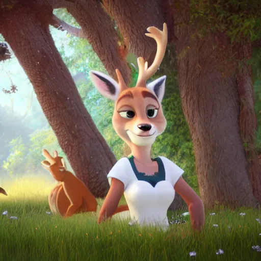 Image similar to portrait, 3 d render, tall slightly chubby anthropomorphic female deer, wearing along white dress, in the style of zootopia,