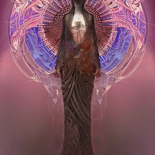 Image similar to cyberpunk art nouveau high priestess by alexander mcqueen, zdzisław beksinski and alphonse mucha. highly detailed, hyper - real, very beautiful, intricate fractal details, very complex, opulent, epic, mysterious, trending on deviantart and artstation