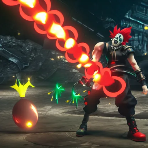 Image similar to final boss battle with clown strife using his balloon sword cinematic cutscene render screenshot final fantasy 7 remake high resolution