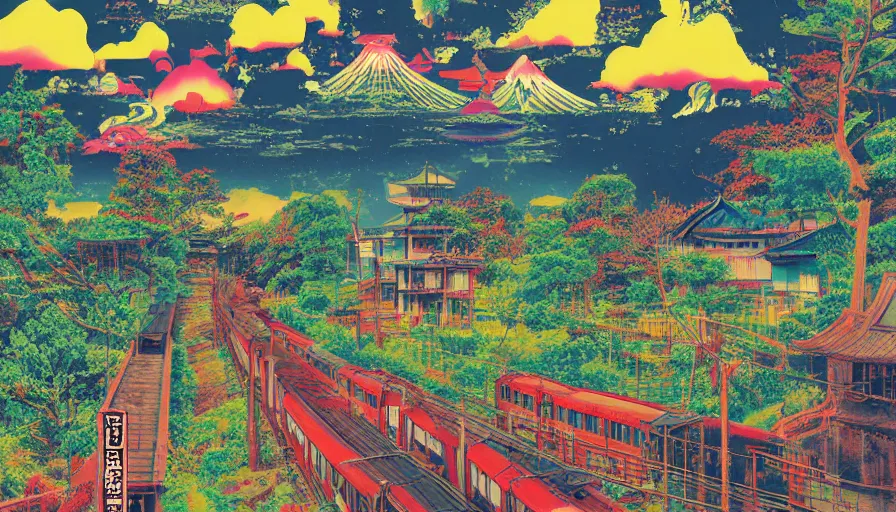 Image similar to Japan rural splendor rail travel and touring c2050, surrealist psychedelic photo-collage painting spot illustration in the style of Newsweek magazine, +81 magazine, muted deep neon color, clean slick design