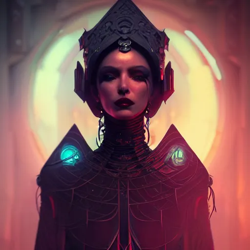 Prompt: queen of death. intricate portrait, occult cyberpunk, ancient futuristic, dark art, occult. by Petros Afshar, by artgerm, by Eddie Mendoza, by Peter mohrbacher, octane render, 3d, unreal engine, depth of field, bokeh