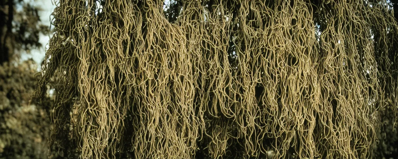 Image similar to medium angle photo of spaghetti growing on a tree, canon 5 0 mm, cinematic lighting, photography, film, retro, kodachrome