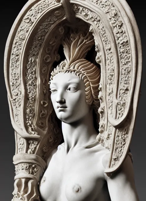 Prompt: medieval female guardian, elegant, filigree renaissance sculpture from marble and fur, brilliant symmetry, created by verrocchio andrea, leonardo da vinci, sandro botticelli, raffaelle monti, epic 7 0 mm lens shot, artstation trending, photorealism, sharp focus, smooth, establishing shot, sense of awe