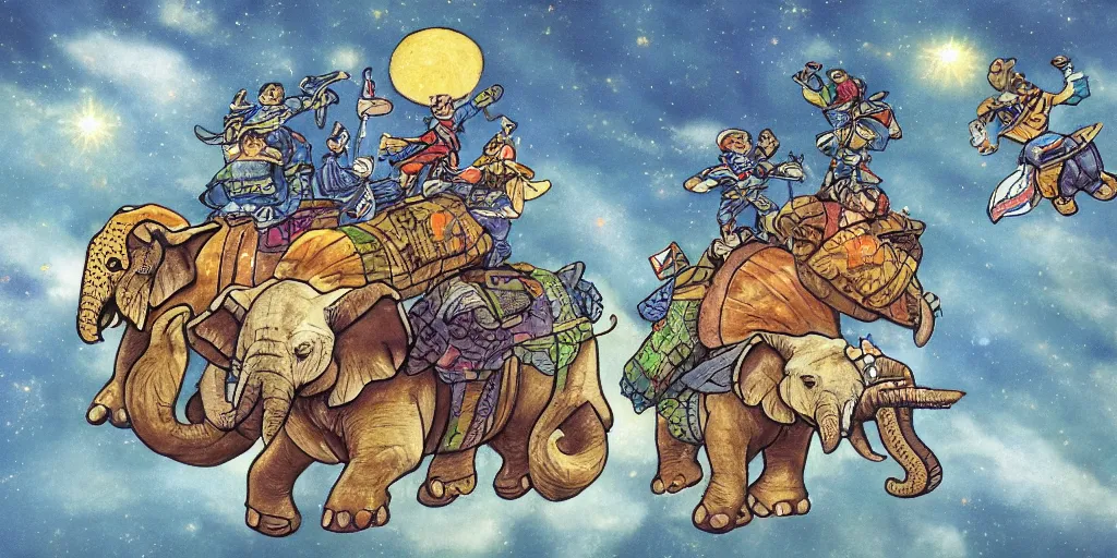 Image similar to the great a'tuin flying through space carrying discworld atop four elephants by kirby