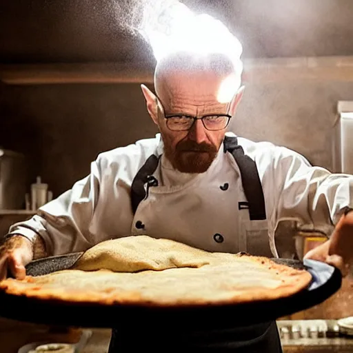 Image similar to walter white making pizza!!! margherita! with a blowtorch!! in the desert, dramatic lighting, still from breaking bad