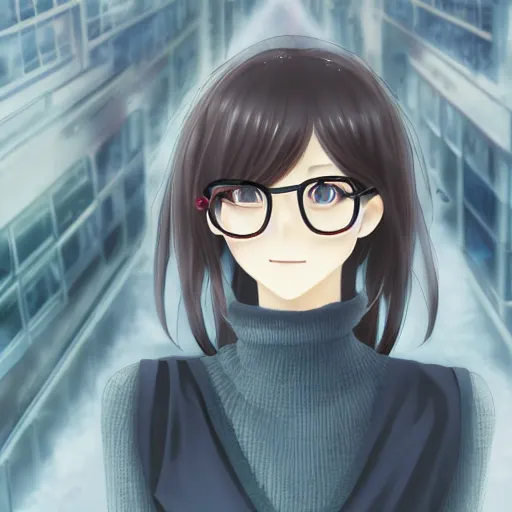 Prompt: adorable cute demure anime librarian wearing woolen sleeveless turtleneck. glasses girl. view from above. boyfriend angle. hd upscaled pixiv. sharp focus. trending image.