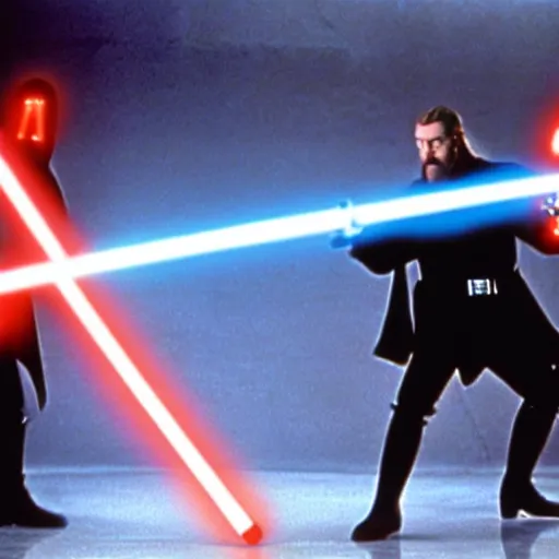 Image similar to a film still of Alec guiness as obiwan kenobi dueling darth maul in star wars 1977. medium shot. light sabers