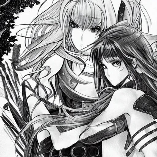 Image similar to two beautiful female warriors facing off, detailed manga art