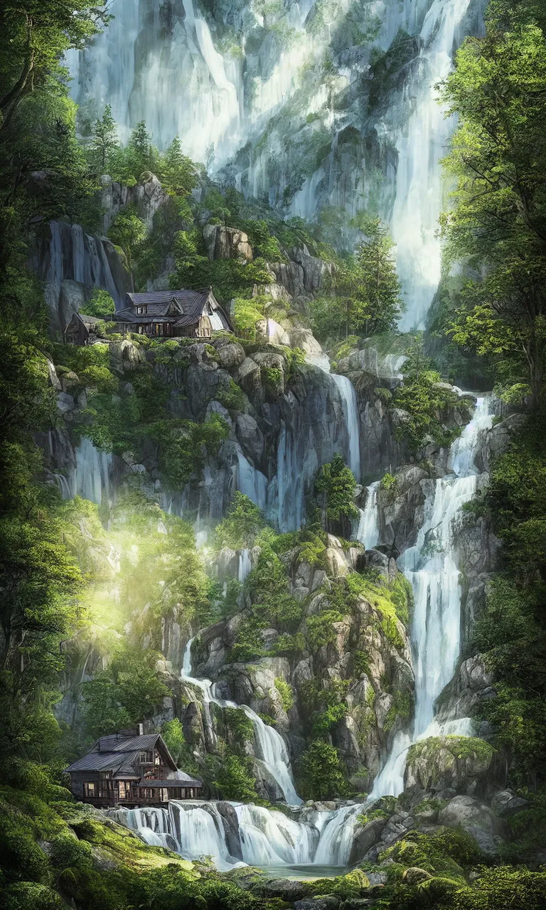 Image similar to beautiful large scandinavian house in the forest on a hill, a large waterfall flows down from the mountain in the background, vector art, fabulous, hyper detailed, random cinematic view, no noise, global illumination, warm lighting, volumetric, godrays, vivid, by jordan grimmer