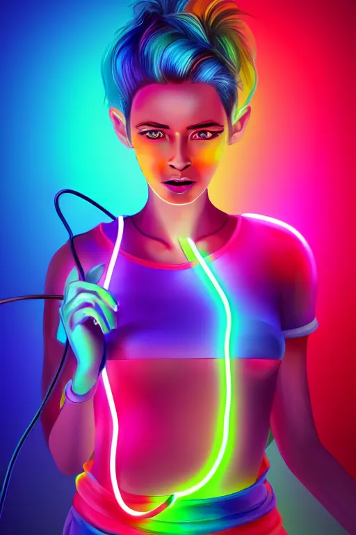 Image similar to a award winning half body portrait of a beautiful woman with stunning eyes in a croptop and cargo pants with rainbow colored ombre hairstyle head in motion and hair flying by thomas danthony, outlined by whirling illuminated neon lines, microphone, outrun, vaporware, shaded flat illustration, digital art, trending on artstation, highly detailed, fine detail, intricate