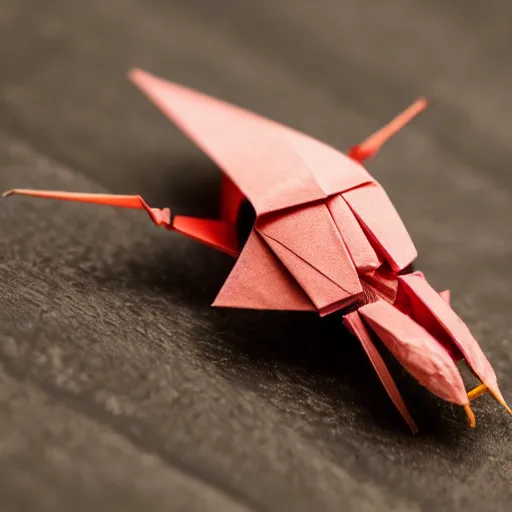 Prompt: a cockroach made from origami, photography 4k, f1.8 anamorphic, bokeh, 4k, Canon, Nikon