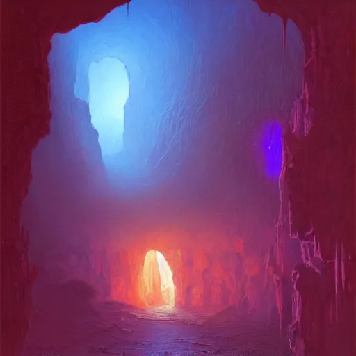 Prompt: a beautiful painting of a dimly lit cave dungeon with blue and purple sources of light by bruce pennington, trending on artstation