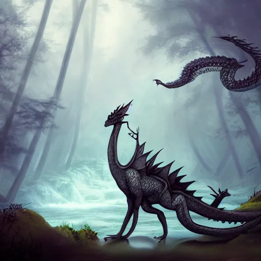 Image similar to peaceful dragon in a beautiful, misty forest, leaning over a steep hill, elongating its neck to sip water from the flowing, turbulent river, trending on artstation, intricately defined, complexly detailed, robustly ordinated, 4 k quality, digital art