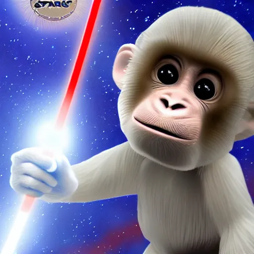 Prompt: a 3 d baby monkey wearing an cosmonaut outfit with a lightsaber, space, star wars, details