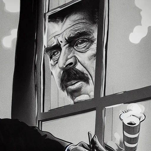 Prompt: Mr. House, realistic, highly detailed face, looks at the nuclear explosion, from the window of the Lucky 38 Casino, man smokes a cigar, ! holding in his Hand !, arm, cigarette advertising, hyperdetailed, artstation trending, ultra HD, artstation, photorealism, ultrarealistic, retro, 45mm, elegant,