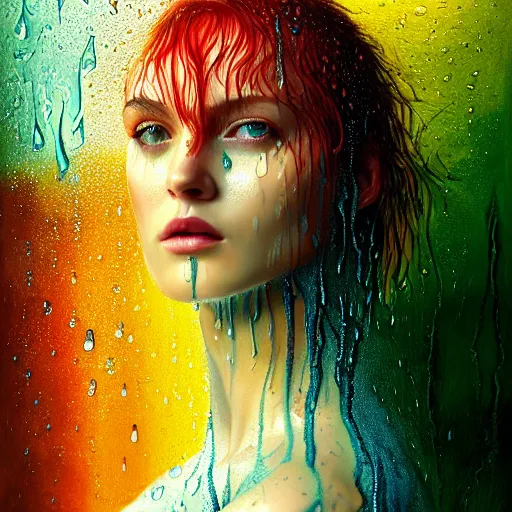 Image similar to dramatic portrait of revelation in uniquely colored rain with wet hair and face, liquid drops, epiphany, bliss, fantasy, intricate, elegant, dramatic lighting, highly detailed, lifelike, photorealistic, digital painting, artstation, concept art, smooth, sharp focus, illustration, art by John Collier and Albert Aublet and Krenz Cushart and Artem Demura and Alphonse Mucha