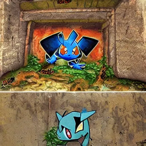 Image similar to pokemon graffiti on cursed ancient egyptian tomb, ps 1 graphics