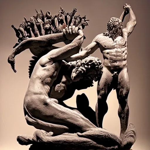 Image similar to The kinetic sculpture depicts the mythical hero Hercules in the moments after he has completed one of his twelve labors, the killing of the Hydra. Hercules is shown standing over the dead Hydra, his body covered in blood and his right hand still clutching the sword that slew the beast. His face is expressionless, betraying neither the exhaustion nor the triumph that must surely accompany such a feat. warm indigo by Serge Marshennikov, by Marco Mazzoni energetic