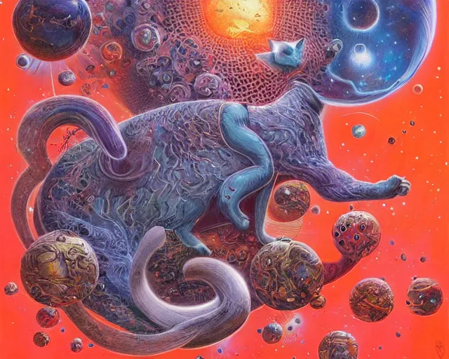 Prompt: the cosmic cat at the center of the universe, epic art by James Jean, Wayne Barlowe, Laure Lipton
