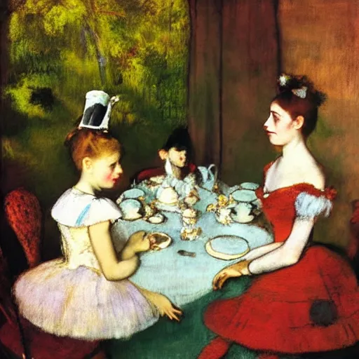 Image similar to “Alice at a tea party by Edgar Degas, Alice in Wonderland, realism”