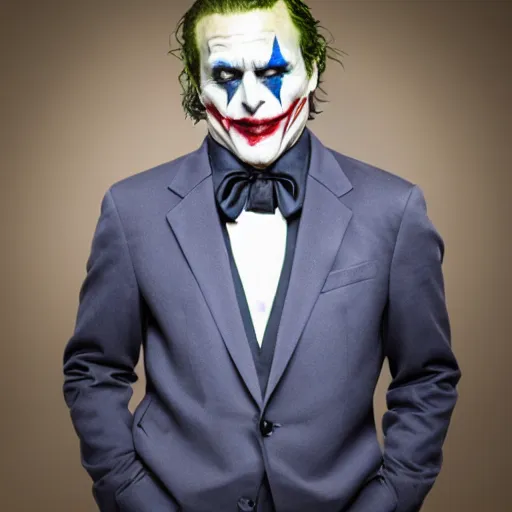 Image similar to The Joker posing from LinkedIn profile picture, professional headshot