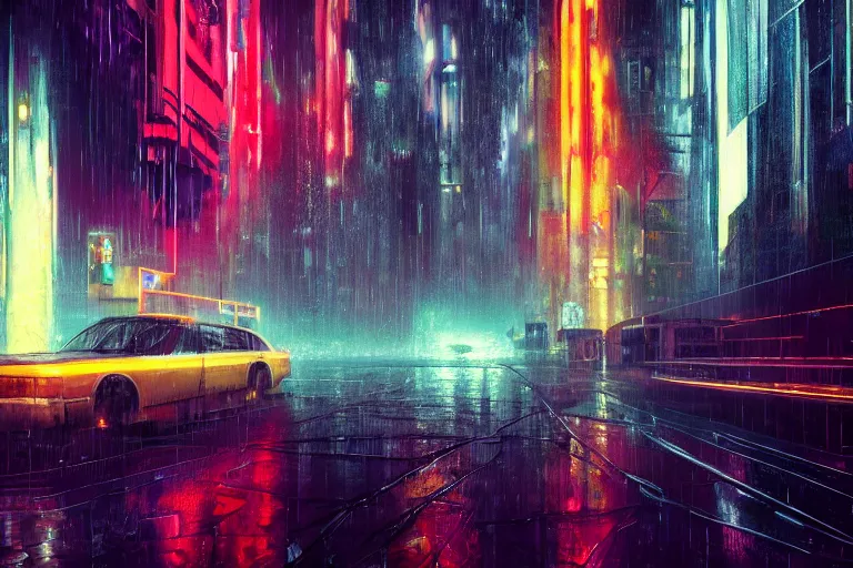 Image similar to futuristic city slow exposure, rain like a dream, oil painting, cinematic, surreal, dramatic, otherworldly, dreamlike, soft volumetric lighting, cyberpunk, basquiat + moebius + francis bacon + gustav klimt + beeple, elevated street art, fantasy lut, textural,