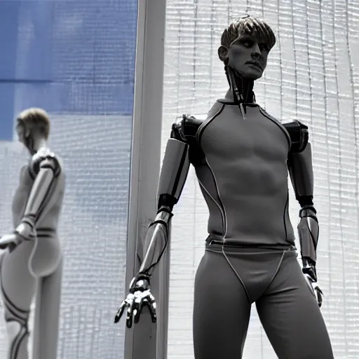 Image similar to a realistic detailed photo of a guy who is an attractive humanoid who is half robot and half humanoid, who is a male android, soccer player martin ødegaard, shiny skin, posing like a statue, blank stare, by the pool, on display, showing off his muscles, humanoid robot, frozen ice statue