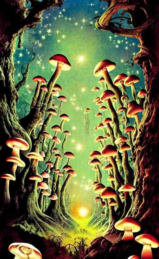 Prompt: stars in the sky fairies with detailed faces enchanted forest mushrooms on the ground psychedelic wide angle shot white background vector art illustration by frank frazetta