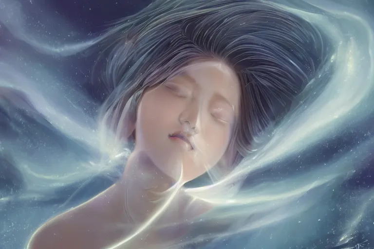 Prompt: portrait of beautiful celestial female Japanese Goddess exposed in cryo chambers wearing luxurious interstellar suit, rule of thirds, captivating, fair complexion, coherent face symmetry, face anatomy, relaxing at the rocks formed by water erosion, walls made of beautiful smooth sandstone light beams that shine, polish narrow slots of walls into a striated swirling finish, digital painting, concept art, smooth, sharp focus, from Star Trek 2021, illustration, by WLOP and Ruan Jia and Mandy Jurgens and William-Adolphe Bouguereau, Artgerm