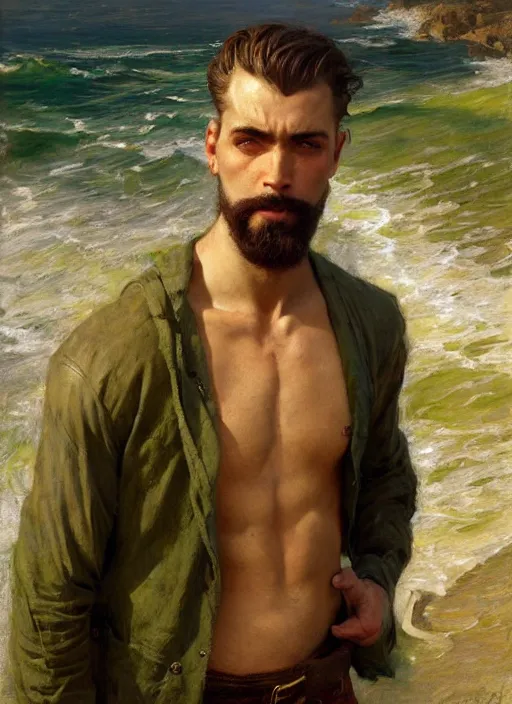 Prompt: detailed cinematic wide shot of muscular attractive young portuguese man beard slim face symmetrical face tanskin green eyes white hair wearing sea clothes, ultra realistic, spring light, painting by gaston bussiere, craig mullins, j. c. leyendecker