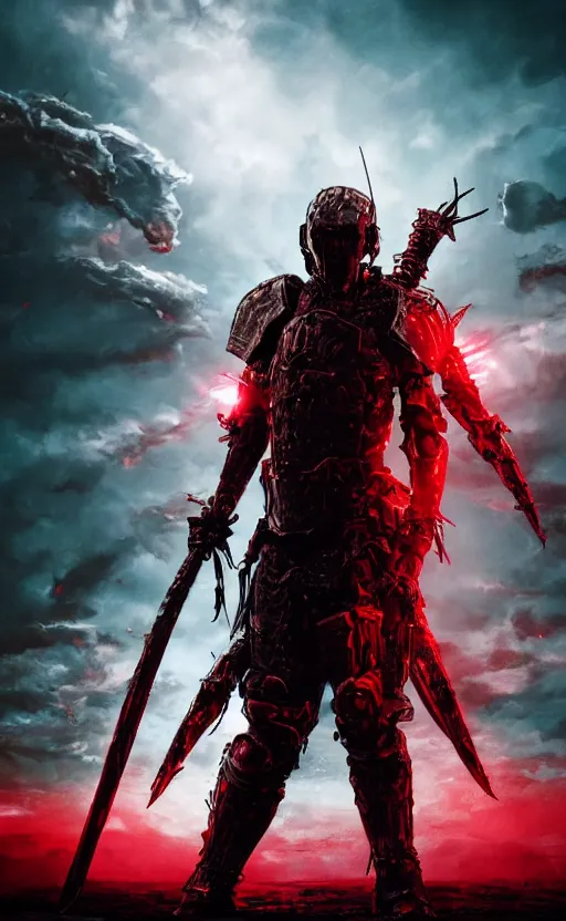 Image similar to a painting of a distant armored warrior with a sword, a sea of red in the background, dark figures in the background, cinematic, dramatic, sinister mood, highly detailed, movie poster, 8 k