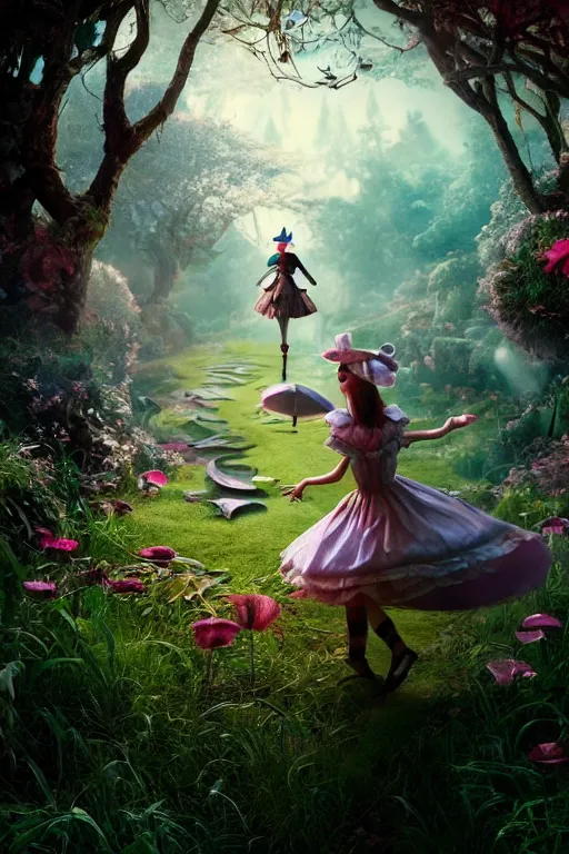 Image similar to Alice in wonderland on DMT, dramatic lighting, cinematic, establishing shot, extremely high detail, foto realistic, cinematic lighting, post processed, concept art, high details, cinematic, 8k resolution, beautiful detailed, photorealistic, digital painting, artstation, concept art, smooth, sharp focus, artstation trending, octane render, unreal engine