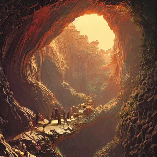 Image similar to quantum cavern walkway sacred fantasy nature photography airbush cinematic by arthur adams, moebius, wlop, james gurney, victo ngai, james christensen, greg rutkowski, john howe