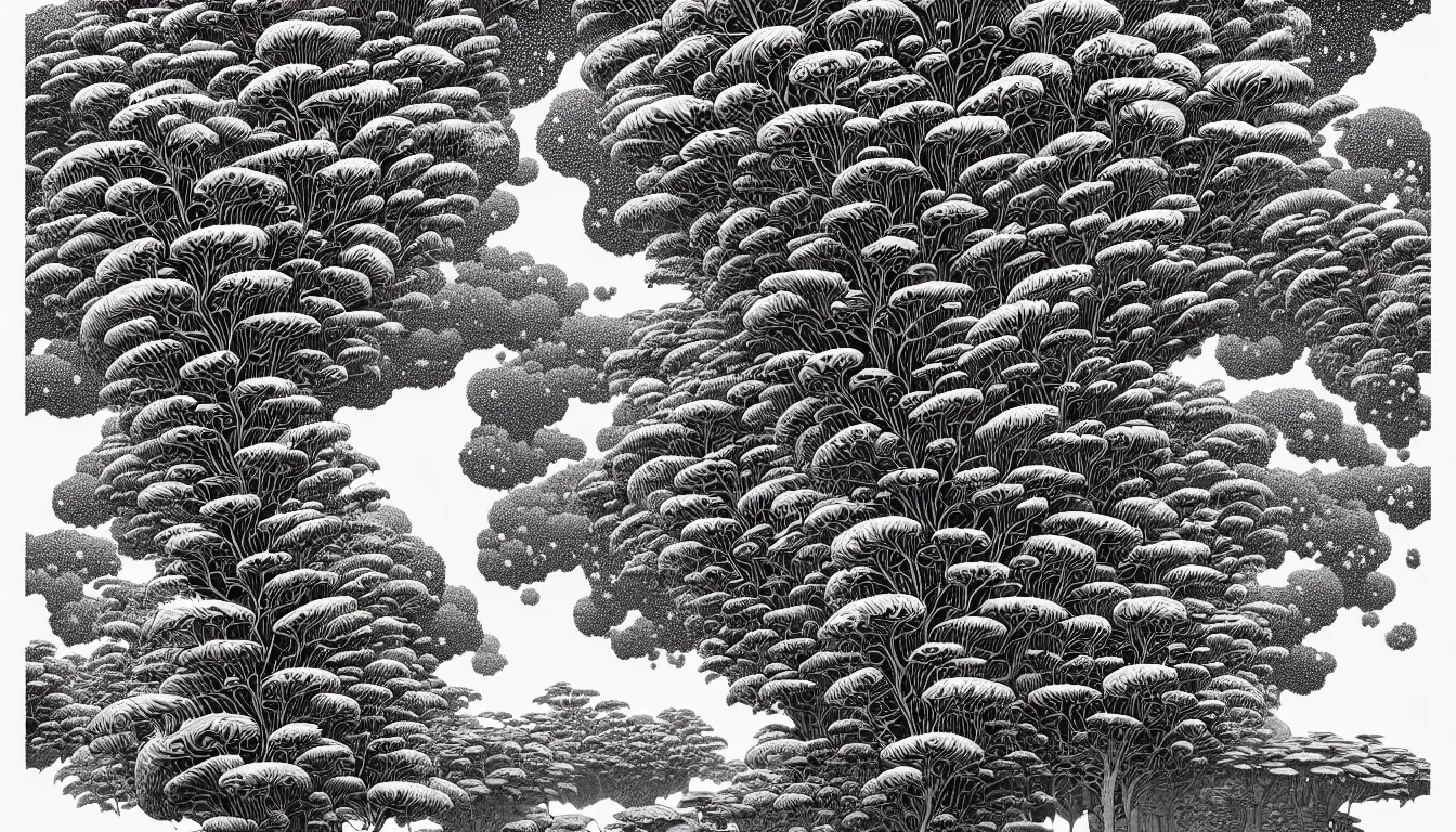 Prompt: giant fern tree by woodblock print, nicolas delort, moebius, victo ngai, josan gonzalez, kilian eng