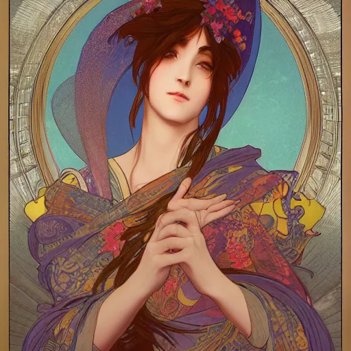 Image similar to a portrait of rimuru tempest contemplating deep philosophical quandaries, as seen on artgerm, octane render, in the style of alphonse mucha, baroque style, ultra realistic, highly detailed, 8 k,