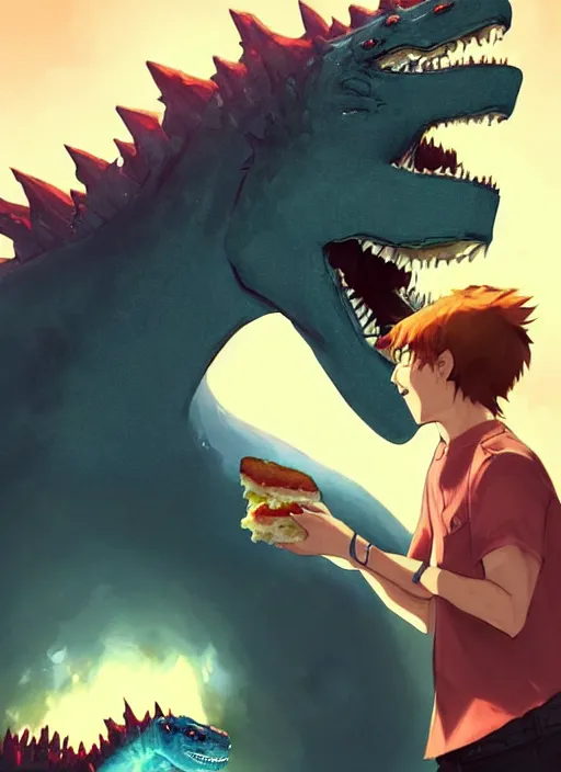 Prompt: beautiful portrait of Godzilla eating a ham sandwhich. character design by charlie bowater, ross tran, artgerm, and makoto shinkai, detailed, inked, western comic book art