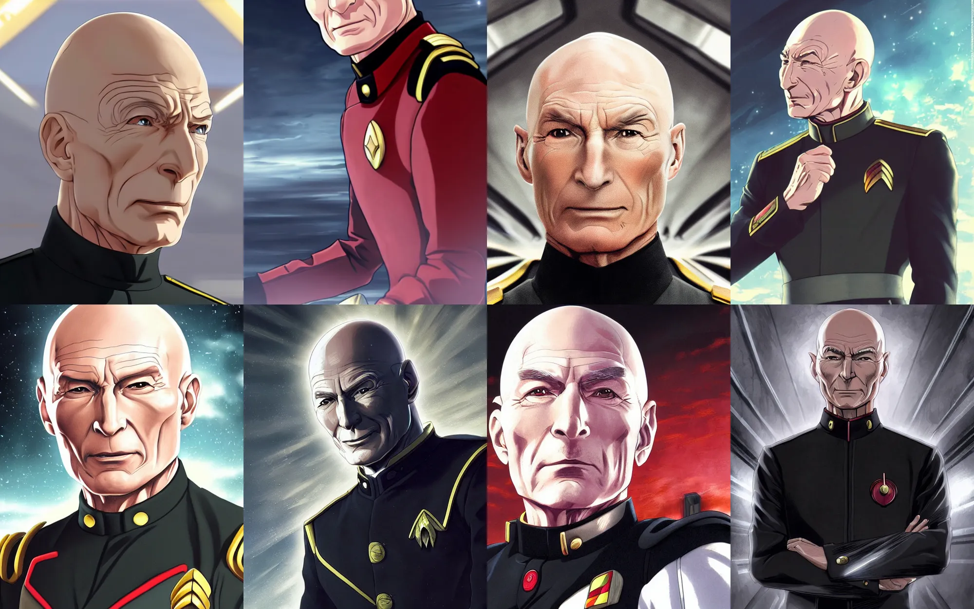 Prompt: Digital anime art by WLOP and Mobius, Closeup of Captain Picard wearing a [black uniform] from The Next Generation, silver insignia, serious expression, [[empty warehouse]] background, highly detailed, spotlight