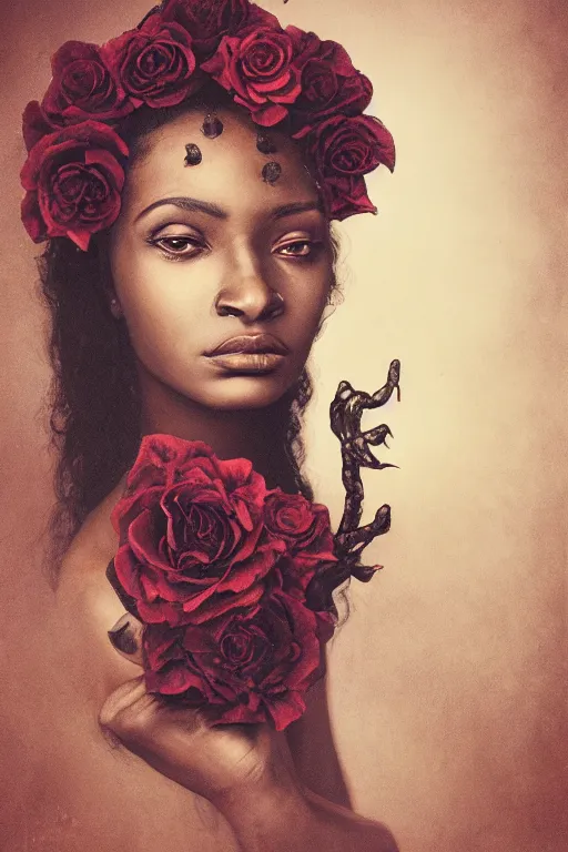 Prompt: Rose witch portrait, black woman, very dark brown skin, southern gothic style, ornate baroque details, tarot, occult, roses, inspired by zdzislaw beksinski :: 4k photograph, photographed by Jovana Rikalo, Trending on artstation, artstationHD, artstationHQ, 4k, 8k