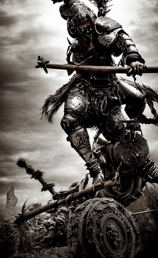 Prompt: vertical movie frame with heavy furious warrior riding ancient wooden atv, armor inspired by feudal japan and fashion, strong blooded body, brutal blooded symmetrical face, epic,cinematic lighting, award winning, establishing shot, extremely high detail, photorealistic, brutal, provocative , natural lighting, octane render ,old photo, vintage, black and white, sepia, old photography, documentary photography