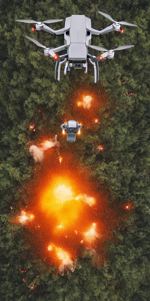 Prompt: detailed dji mavic flying over exploding troops, photo, kodak portra 4 0 0, direct flash, anti aliasing,