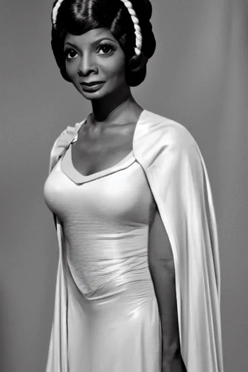 Prompt: photorealistic!! young adult nichelle nichols as princess leia, white regal gown, film quality