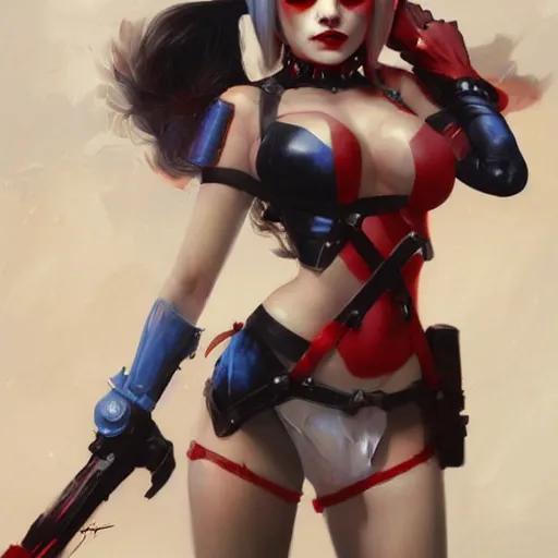 Image similar to portrait of cute Harley Quinn in bikini armor, dc comics, cyberpunk, Warhammer 40000, dark fantasy, digital art from artstation by Ruan Jia and Mandy Jurgens and Artgerm and william-adolphe bouguereau