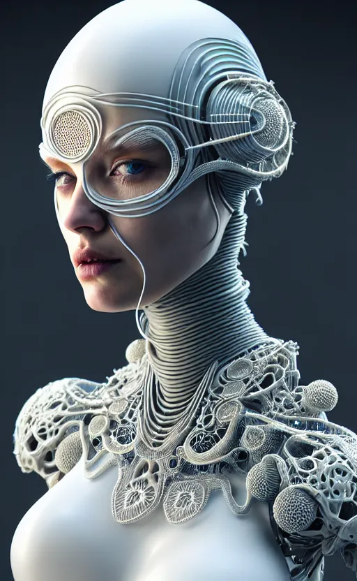 Image similar to intricate hyper detailed ultra sharp natural bright light 3 d render of a beautiful smooth porcelain fascinating cyborg woman portrait, medium shot portrait, alexandre ferra mecha, cyberpunk art nouveau haute couture huge fractal white silver gold mycelum and crystal pore fungi head ornaments, big embroidered leaves filigree spreaded roots, octane render, volumetric cinematic lighting, 8 k, vray tracing