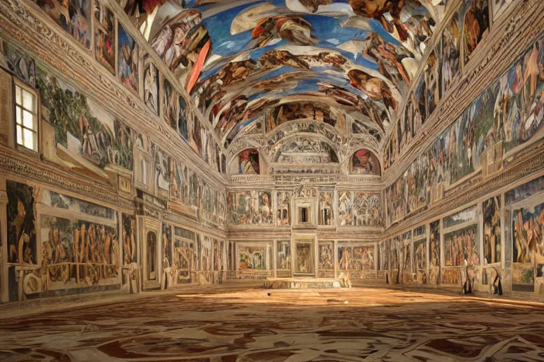 Prompt: Rendering of the interior of the Sistine Chapel, with frescoes on the dome, superbly detailed and reasonably well constructed，Gorgeous atmosphere，in krenz cushart and Alphonse Maria Mucha and wlop style，featured on c4d and unreal engine，8k HDR，light effect，-H 1024