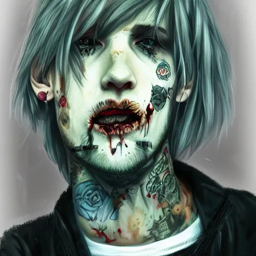 Image similar to Portrait of Lil Peep as a zombie, artstation, digital art, high quality, hyperrealistic, detalied,8k,