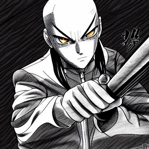 Prompt: Agent 47 in a scene from naruto, trending on pixiv, pen and ink, complex detail