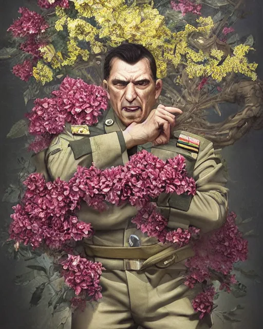 Image similar to a beautiful portrait photo of a angry military general man in uniform, looking very angry, covered by hibiscus, daffodils, hydrangea, montsera leaves by tom bagshaw and zach sutton, explosion of flowers, very detailed, artstation, 8 k