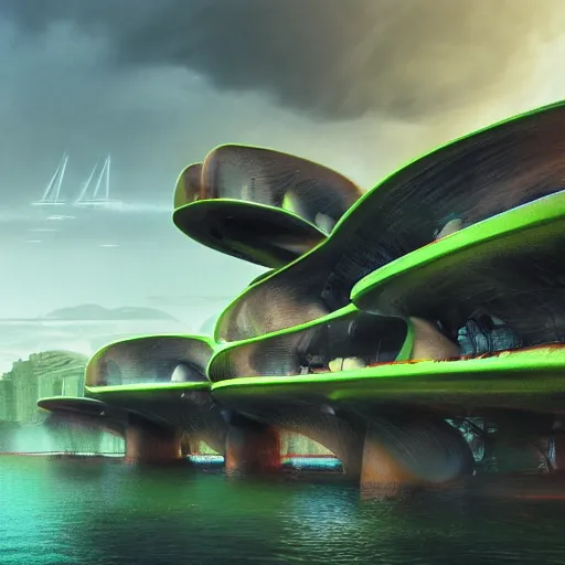 Image similar to parametric architecture made from bright concrete and steel, side view, metropolis, brutalist, waterways, waterfalls, dramatic clouds, neon green lava streets, god rays, digital art, landscape, fantasy art, octane render, pop art, ureal engine, high detail, very realistic, by greg rutkowski. by simon stalenhag