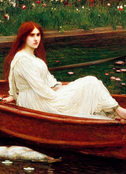 Image similar to lady of shallot in a boat by john william waterhouse, rosetti, monet, william holman hunt, 8 k