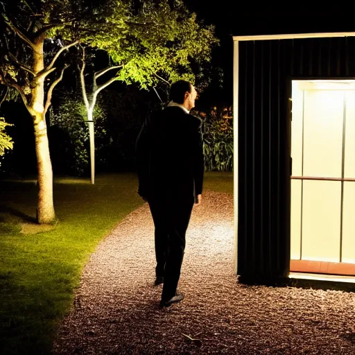 Prompt: A dark photo of two men in black suit in a garden at night walking towards a small wooden garden shed